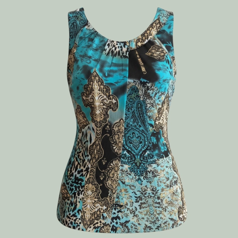 Jaipur Womens Y2K Tuscan Paisley Leopard Beaded Neck Sleeveless Blouse Blue L